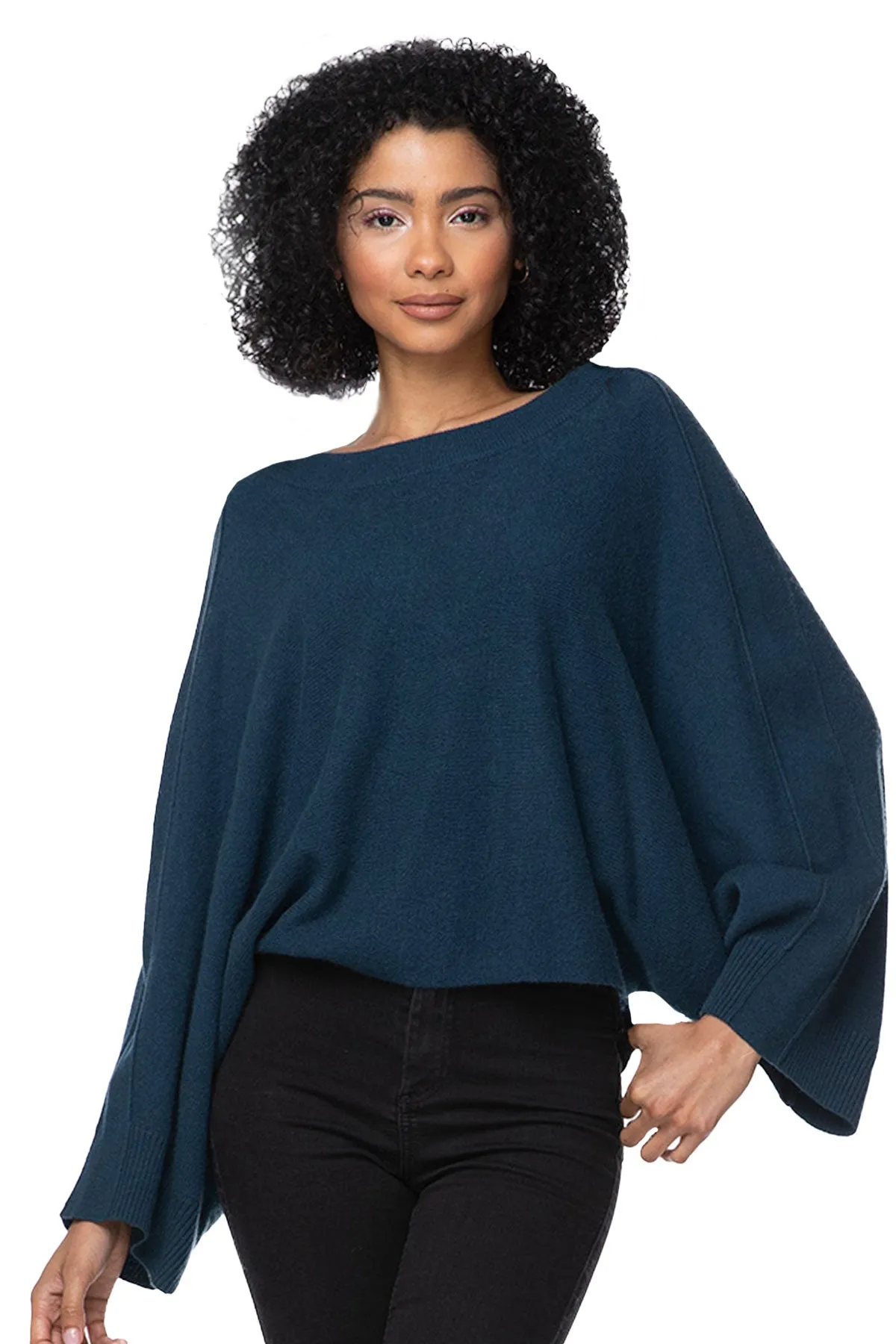 100% Cashmere Coastal Cool Reversible Crew to V-neck Sweater Knit Poncho - Dark Colors