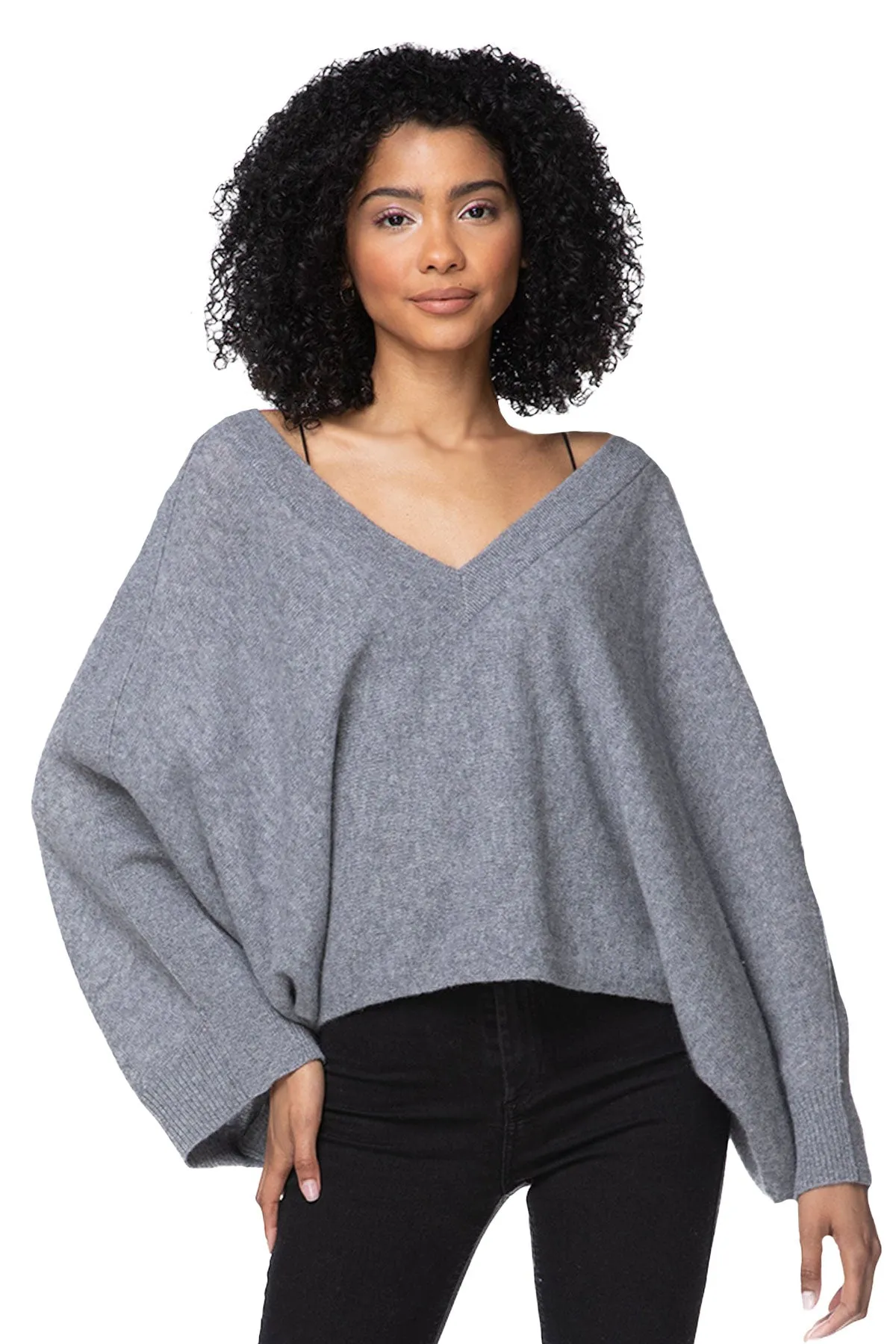 100% Cashmere Coastal Cool Reversible Crew to V-neck Sweater Knit Poncho - Dark Colors