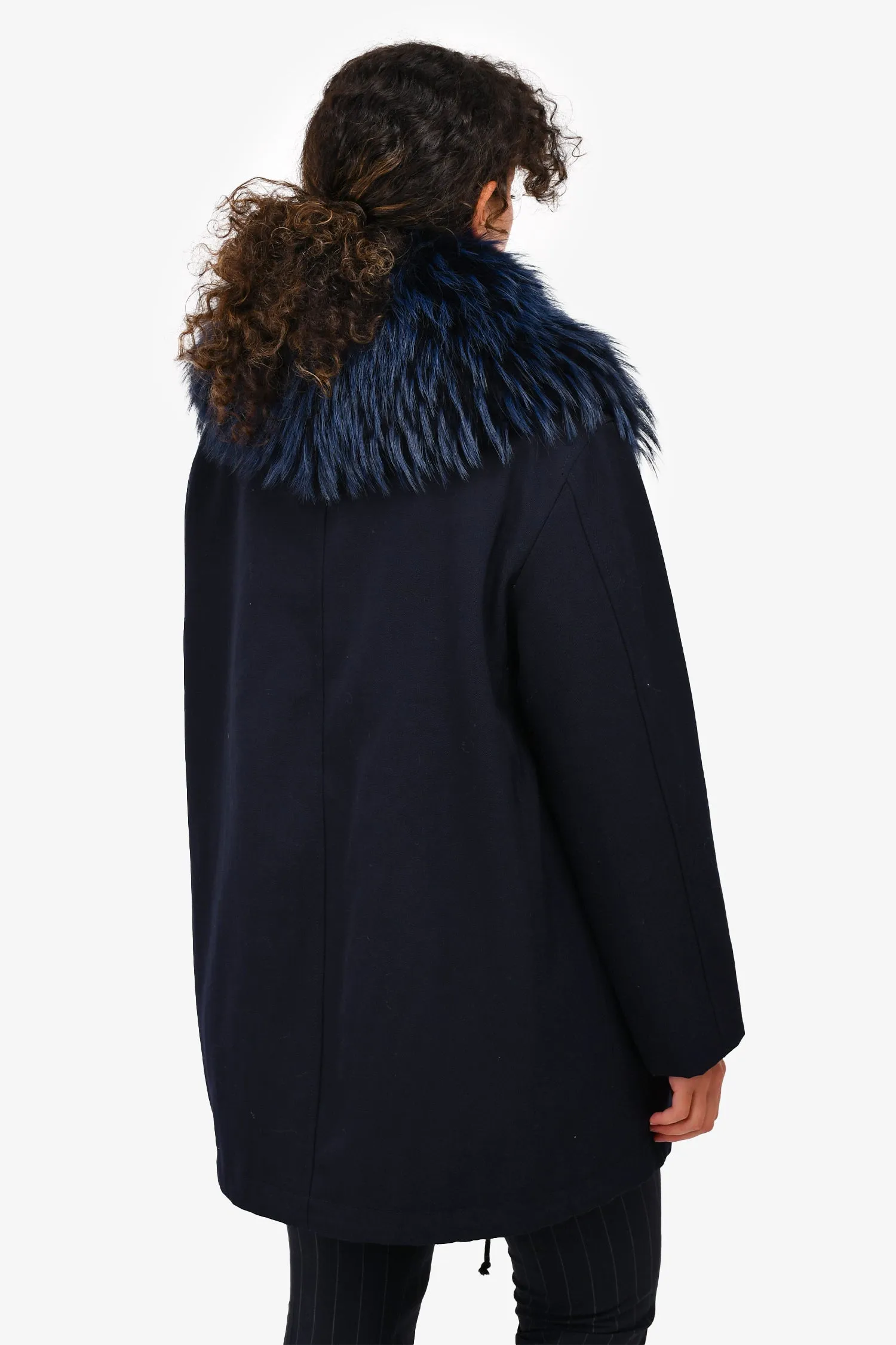 Alberta Ferretti Navy Wool Front Pocket Fur Hooded Coat Size L