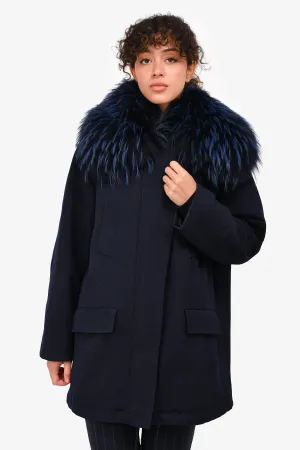 Alberta Ferretti Navy Wool Front Pocket Fur Hooded Coat Size L