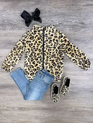 Cheetah Sherpa Zip Up Girls Jacket