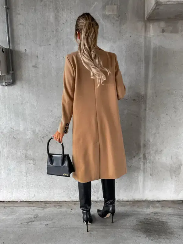 Chic Women’s Long Coat | Notched Lapel Pea Coat for Elegant Style