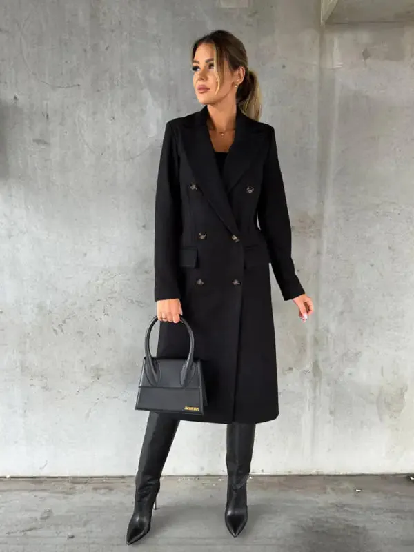 Chic Women’s Long Coat | Notched Lapel Pea Coat for Elegant Style