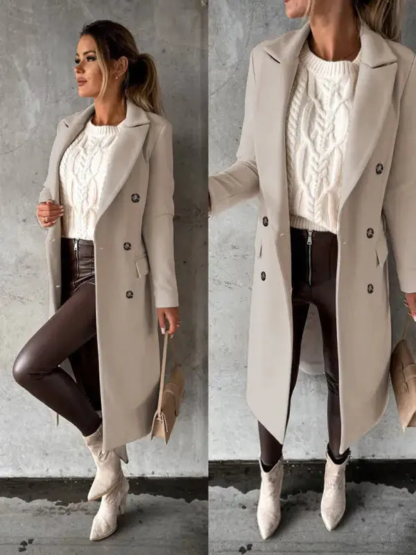 Chic Women’s Long Coat | Notched Lapel Pea Coat for Elegant Style