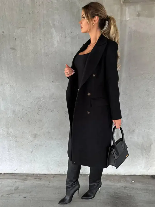 Chic Women’s Long Coat | Notched Lapel Pea Coat for Elegant Style