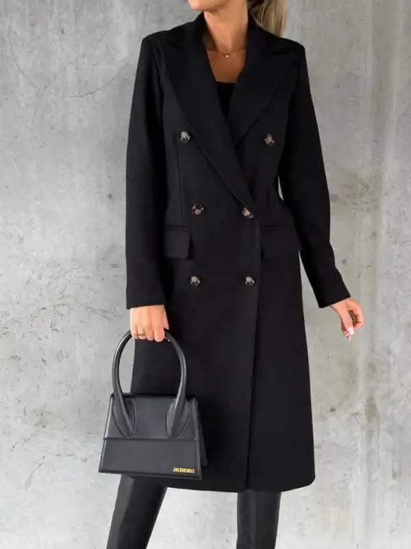 Chic Women’s Long Coat | Notched Lapel Pea Coat for Elegant Style