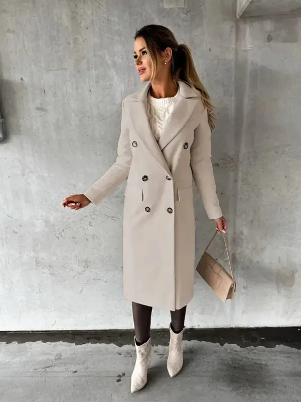 Chic Women’s Long Coat | Notched Lapel Pea Coat for Elegant Style