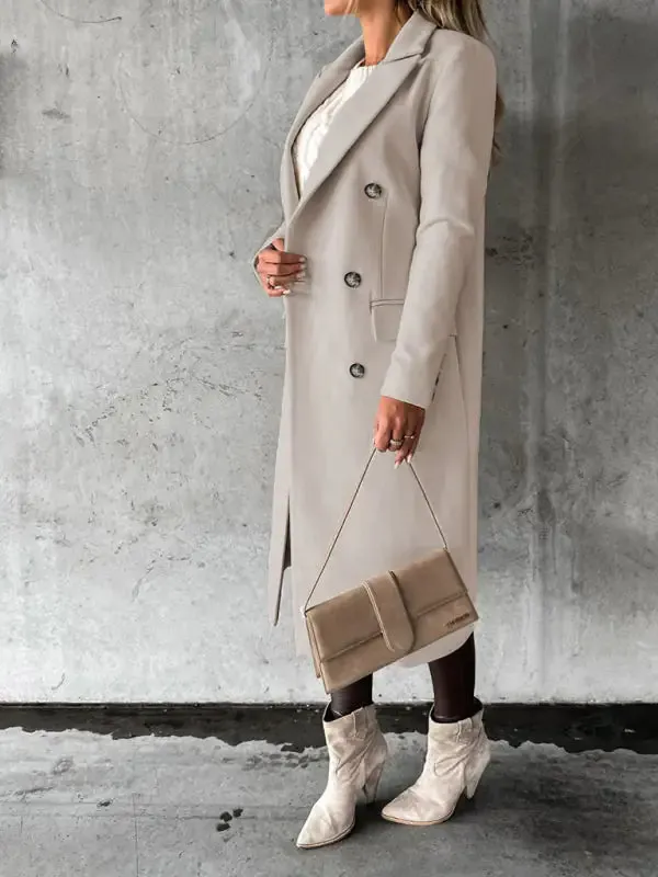 Chic Women’s Long Coat | Notched Lapel Pea Coat for Elegant Style