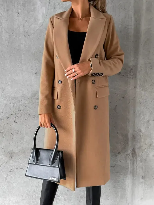 Chic Women’s Long Coat | Notched Lapel Pea Coat for Elegant Style