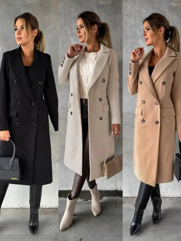 Chic Women’s Long Coat | Notched Lapel Pea Coat for Elegant Style