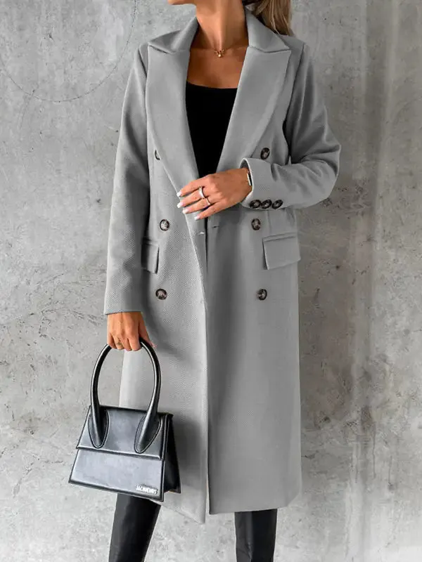 Chic Women’s Long Coat | Notched Lapel Pea Coat for Elegant Style