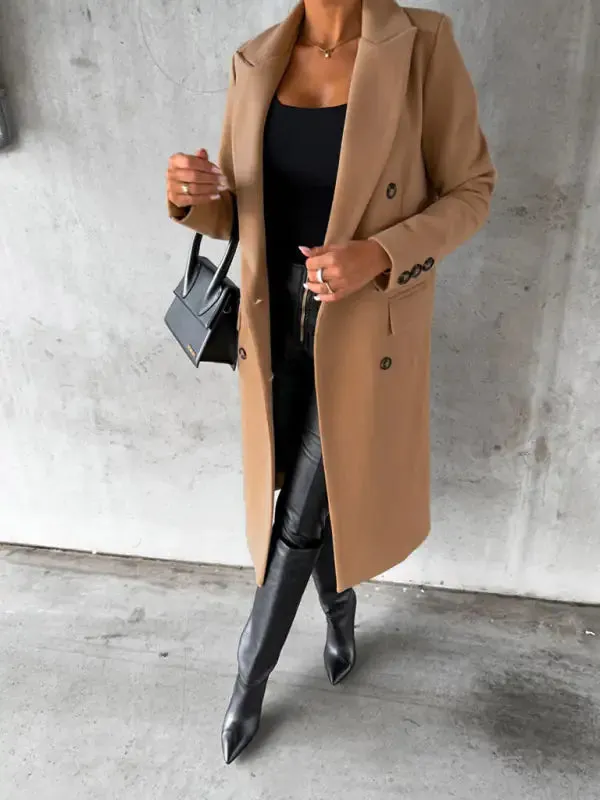 Chic Women’s Long Coat | Notched Lapel Pea Coat for Elegant Style