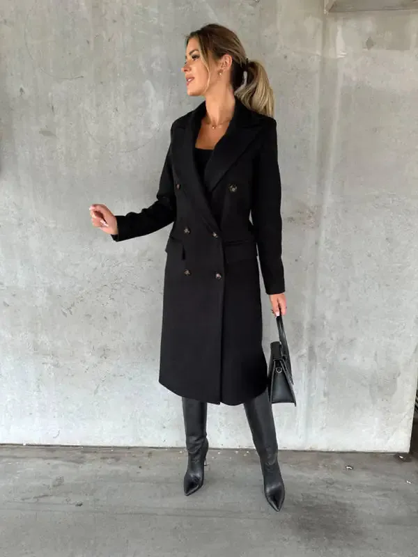 Chic Women’s Long Coat | Notched Lapel Pea Coat for Elegant Style