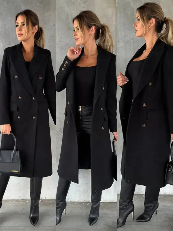 Chic Women’s Long Coat | Notched Lapel Pea Coat for Elegant Style