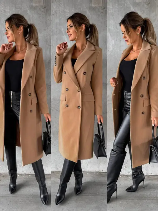 Chic Women’s Long Coat | Notched Lapel Pea Coat for Elegant Style