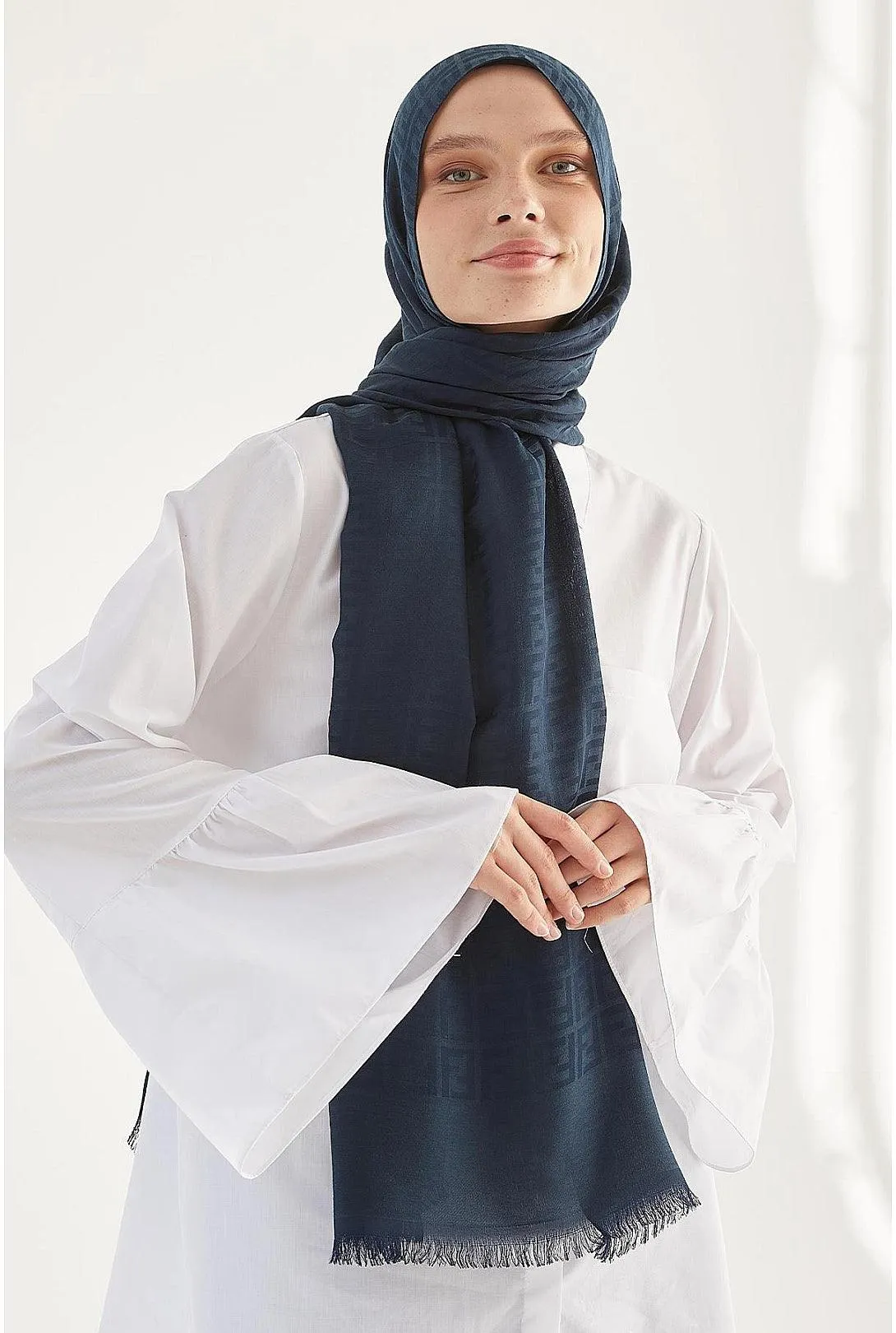 Cotton Hijab Scarf Shawl with Patterns - Navy Blue