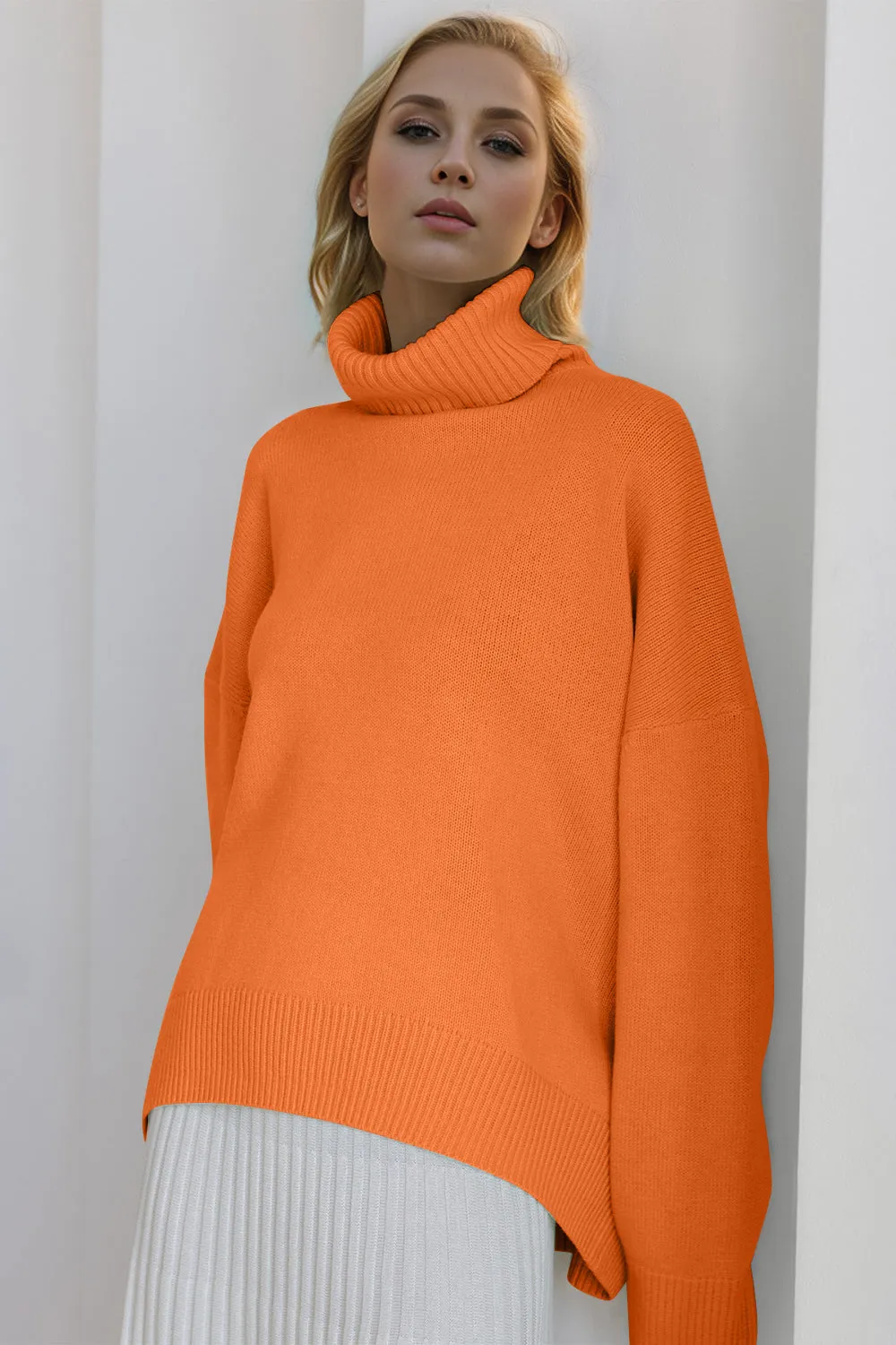 Soft Cashmere Style Turtleneck Dropped Shoulder Long Sleeve Sweater available in 12 colors