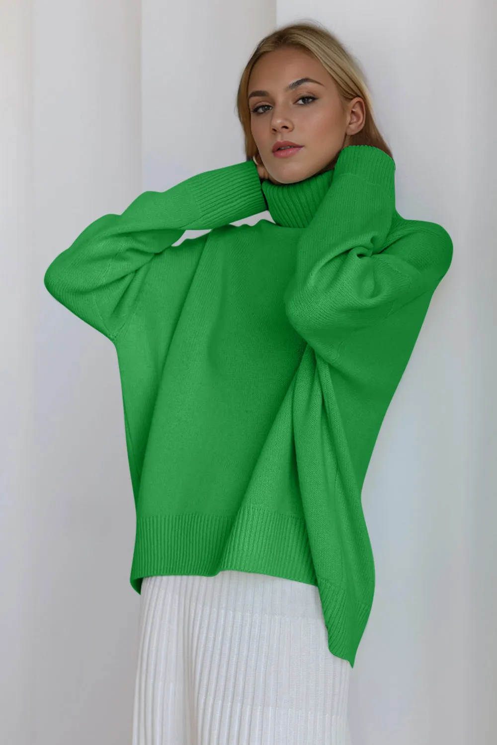 Soft Cashmere Style Turtleneck Dropped Shoulder Long Sleeve Sweater available in 12 colors