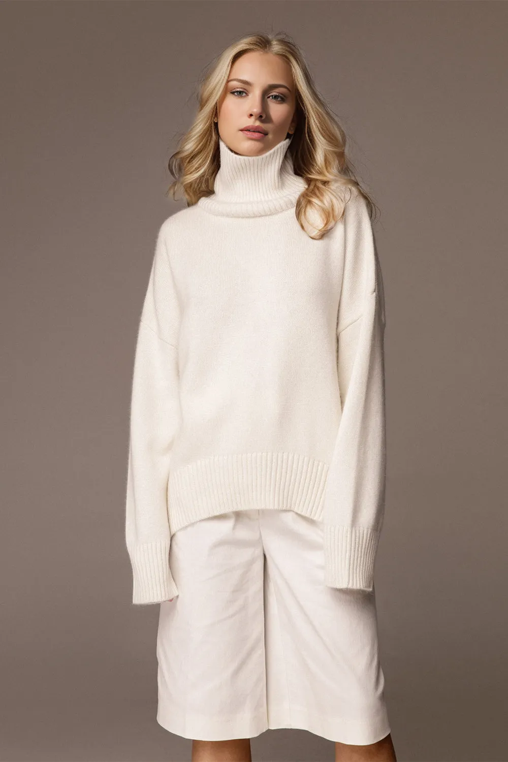 Soft Cashmere Style Turtleneck Dropped Shoulder Long Sleeve Sweater available in 12 colors