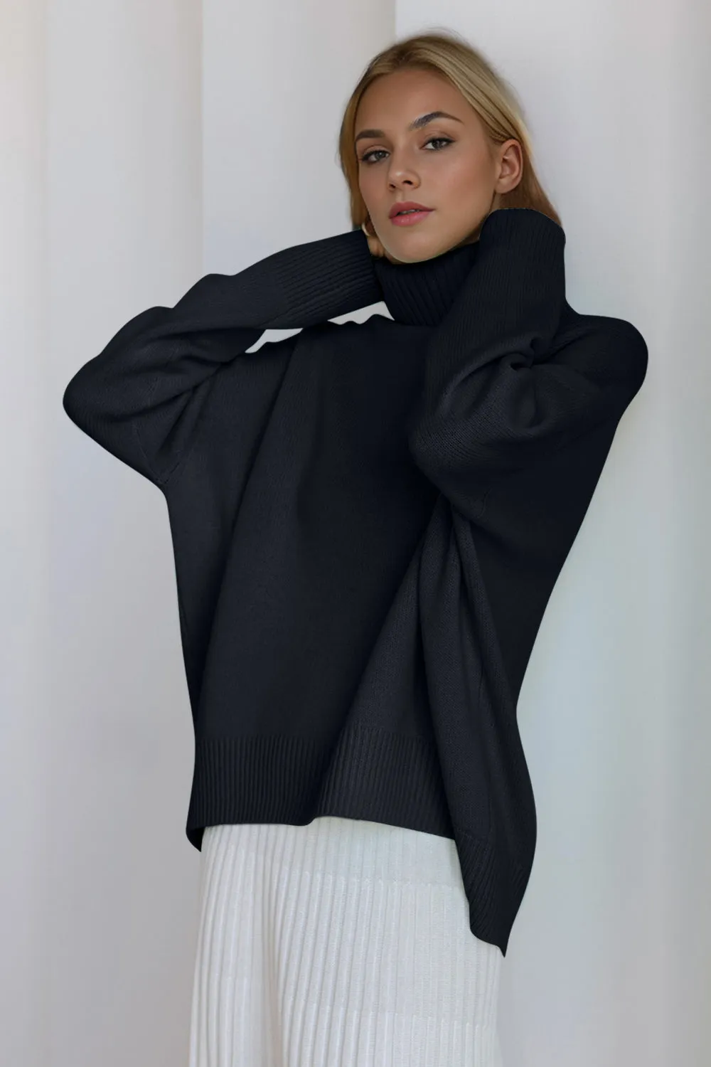 Soft Cashmere Style Turtleneck Dropped Shoulder Long Sleeve Sweater available in 12 colors