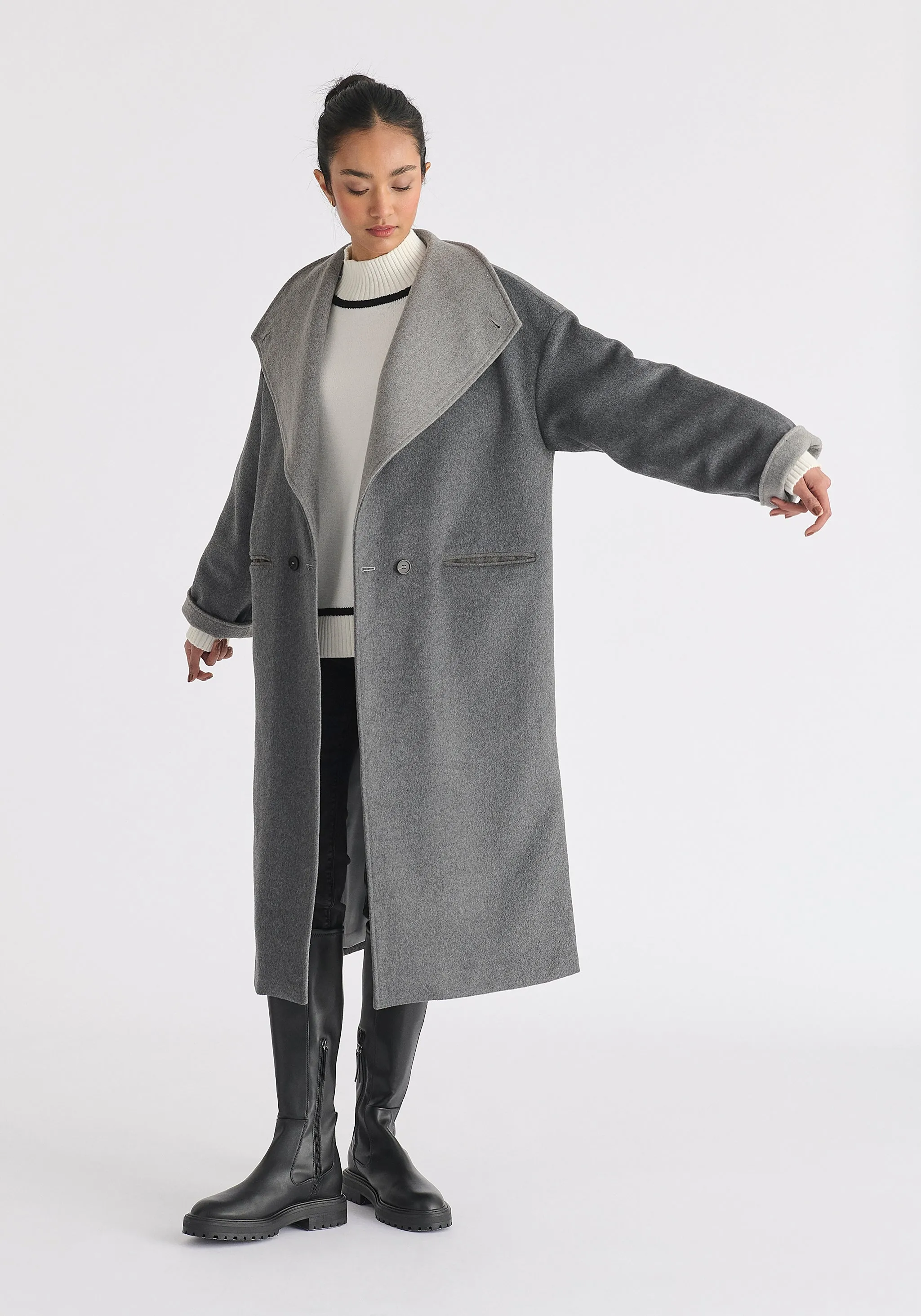 Two-Tone Double Breasted Wool Blend Coat