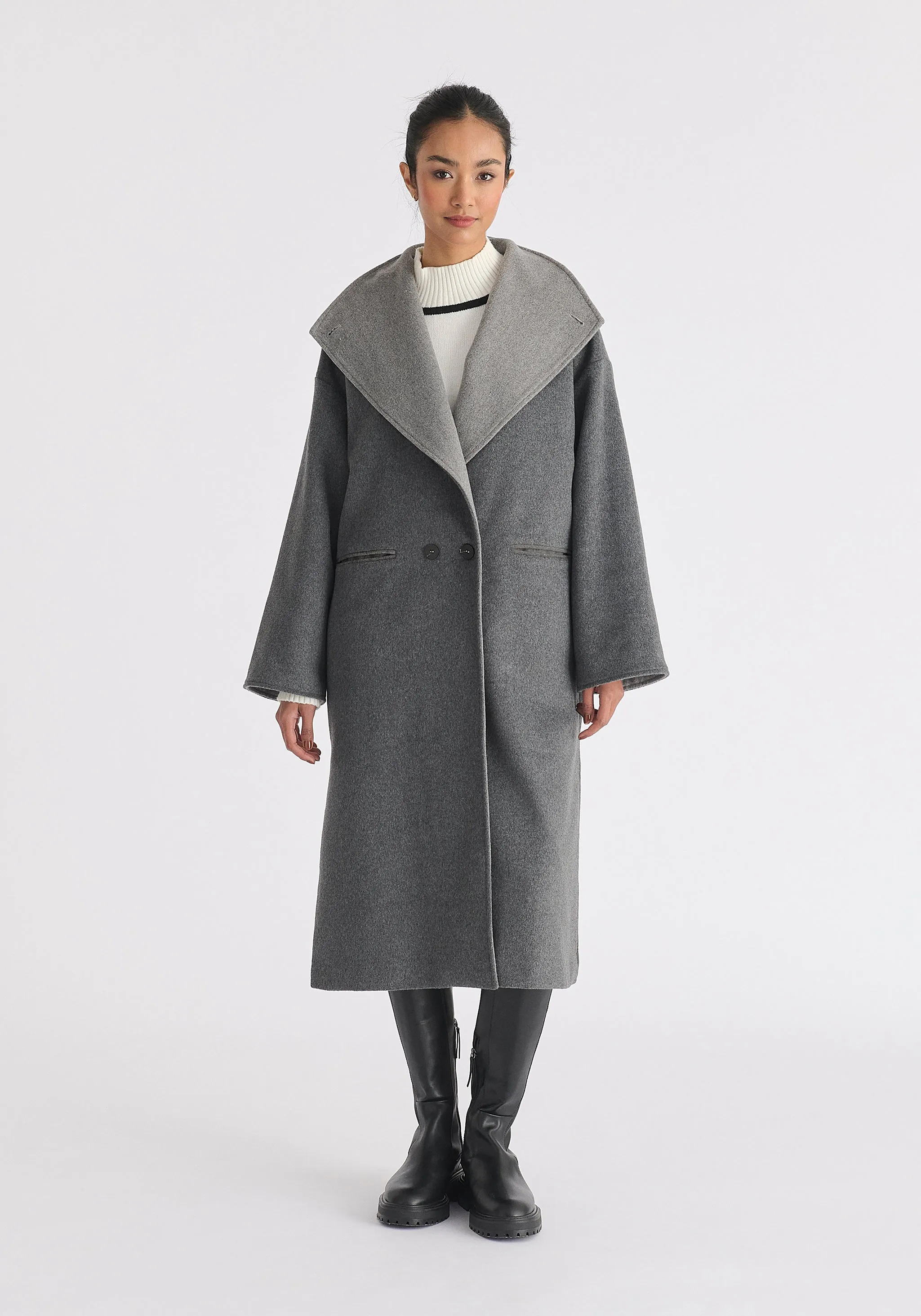 Two-Tone Double Breasted Wool Blend Coat