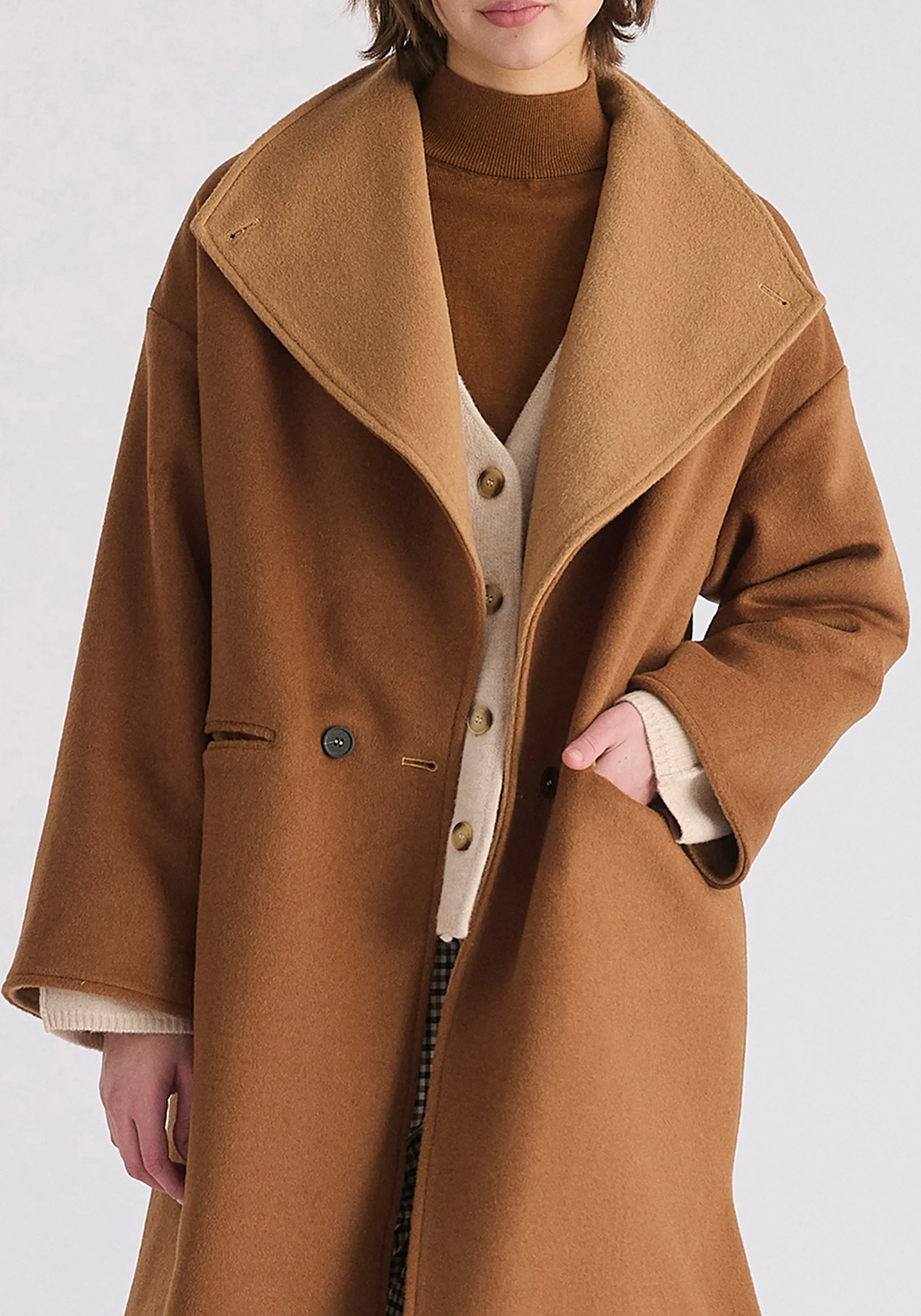 Two-Tone Double Breasted Wool Blend Coat