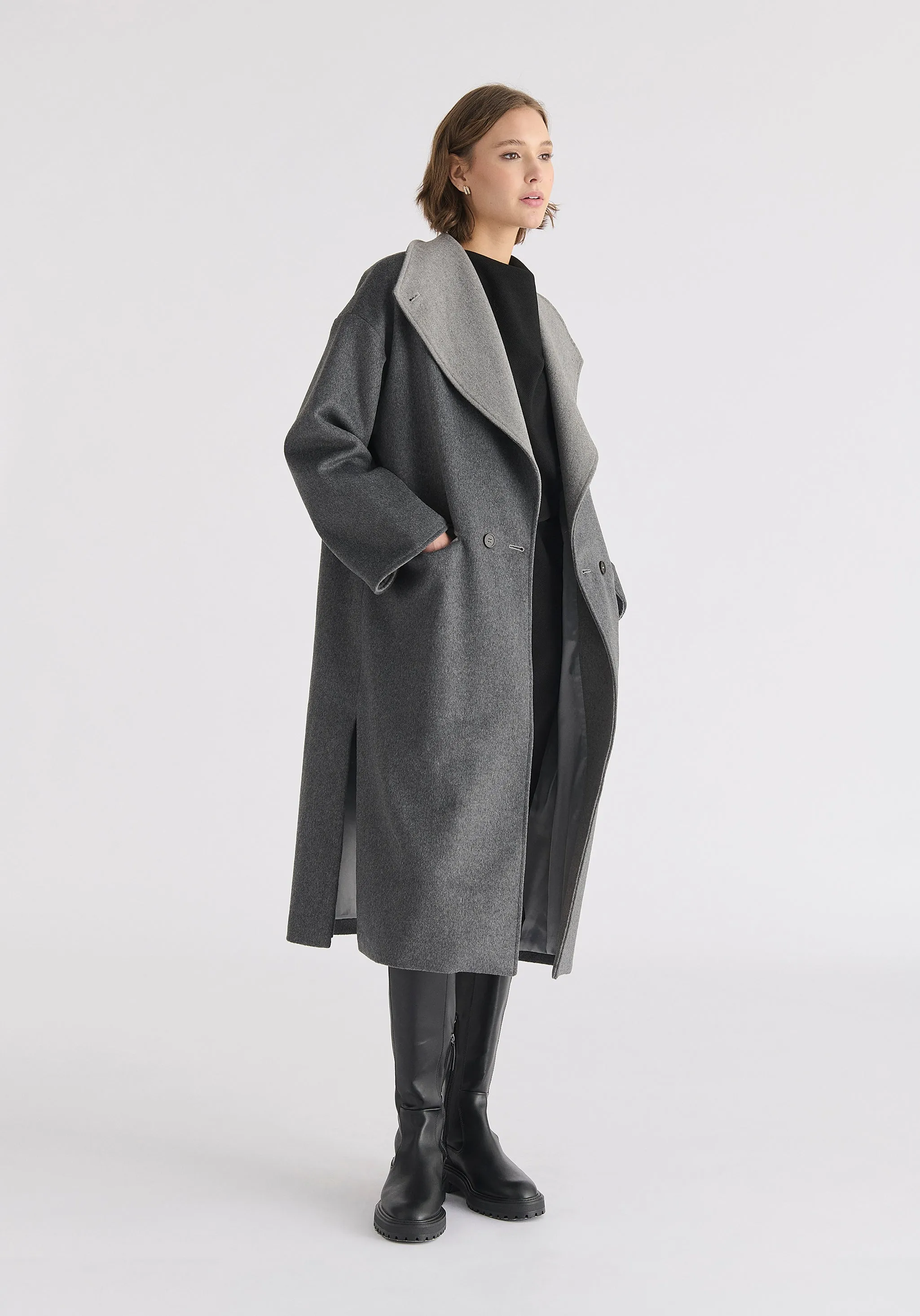 Two-Tone Double Breasted Wool Blend Coat