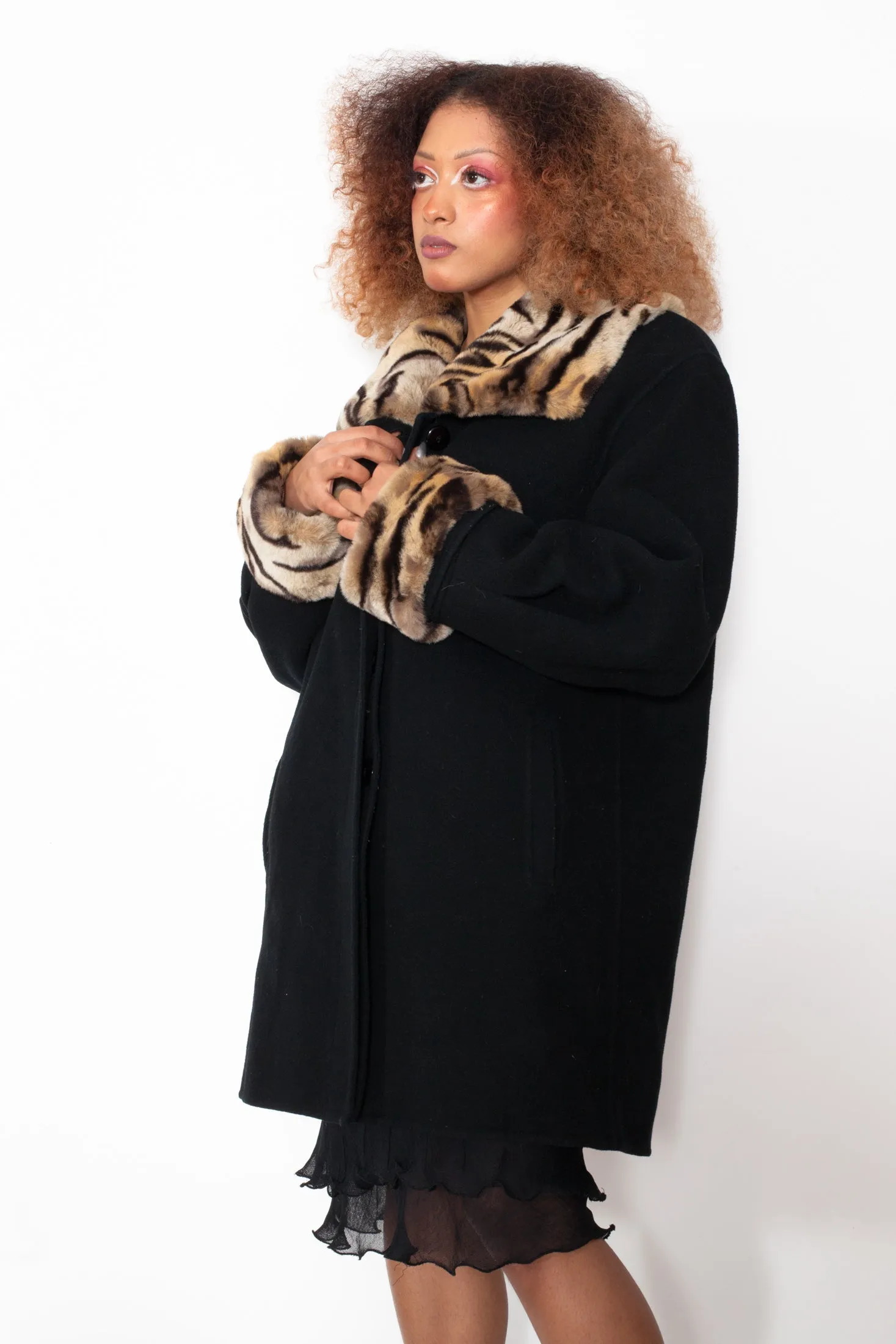 Vintage 90s Wool Coat with Tiger Print Collar