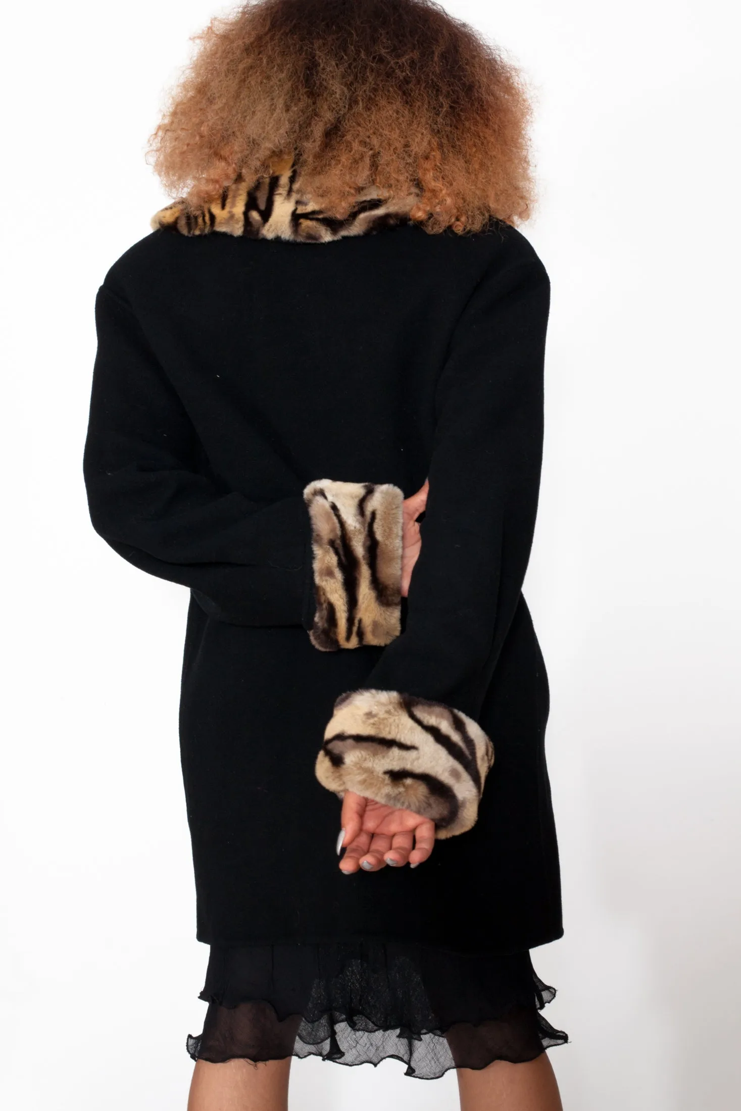 Vintage 90s Wool Coat with Tiger Print Collar