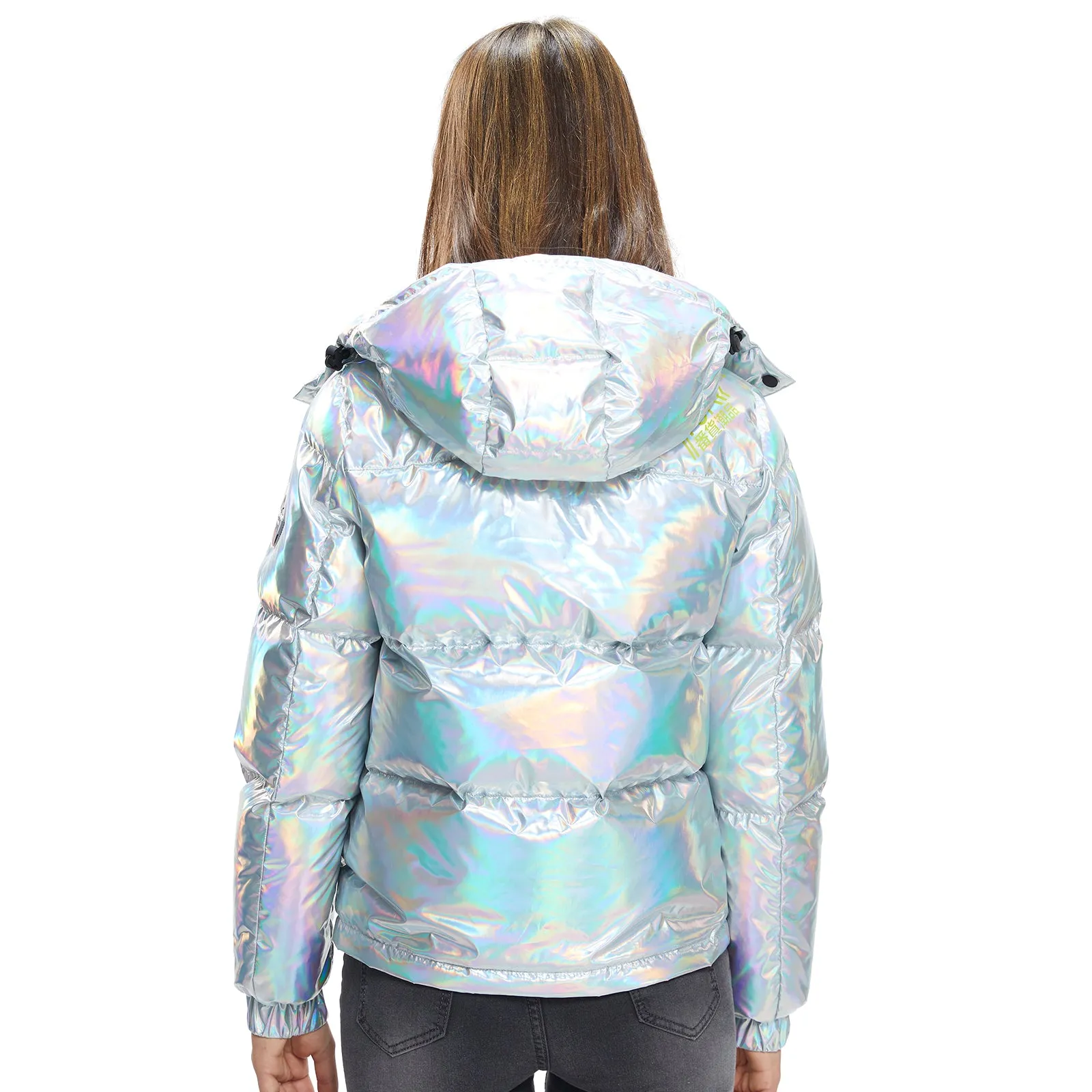 Women Winter Jacket in pure Goose Down colour Silver Puffer shiny hooded jacket