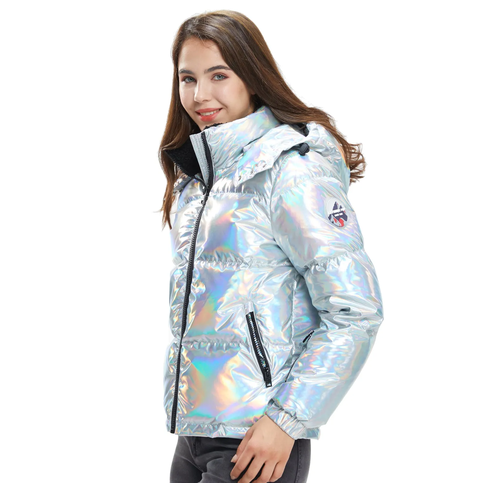 Women Winter Jacket in pure Goose Down colour Silver Puffer shiny hooded jacket