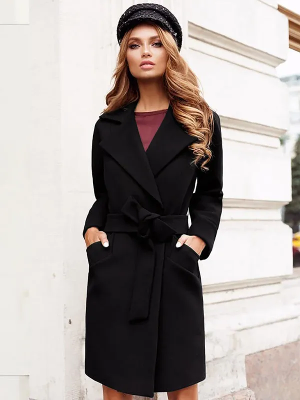 Women’s Stylish Solid Color Classy Collared Overcoat With Waist Tie And Hand Pockets