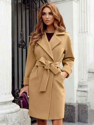 Women’s Stylish Solid Color Classy Collared Overcoat With Waist Tie And Hand Pockets