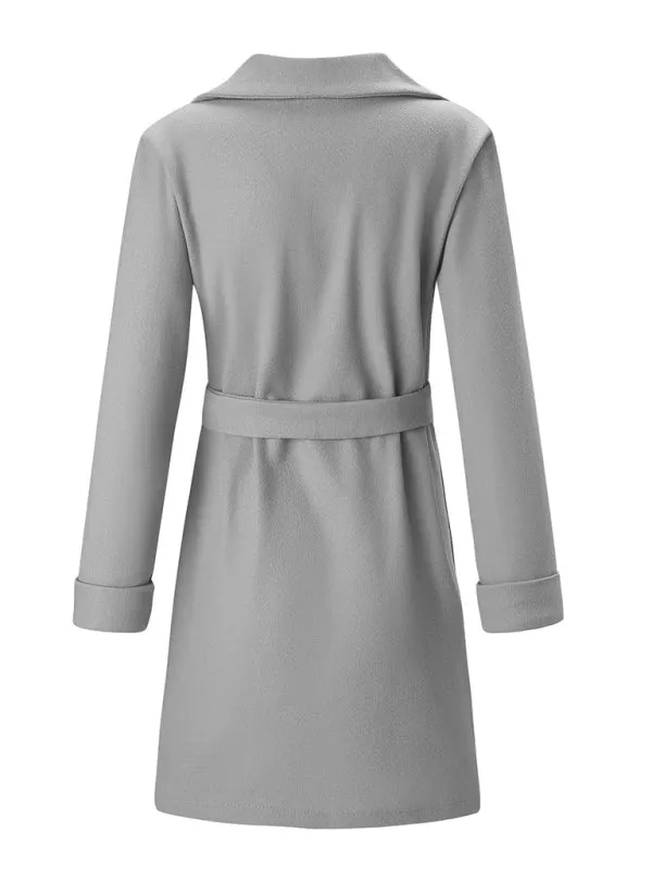 Women’s Stylish Solid Color Classy Collared Overcoat With Waist Tie And Hand Pockets