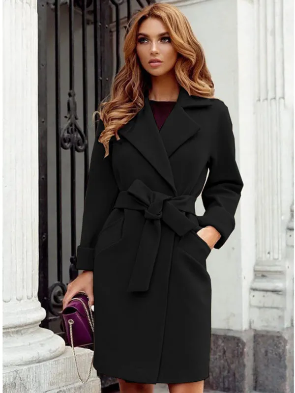 Women’s Stylish Solid Color Classy Collared Overcoat With Waist Tie And Hand Pockets